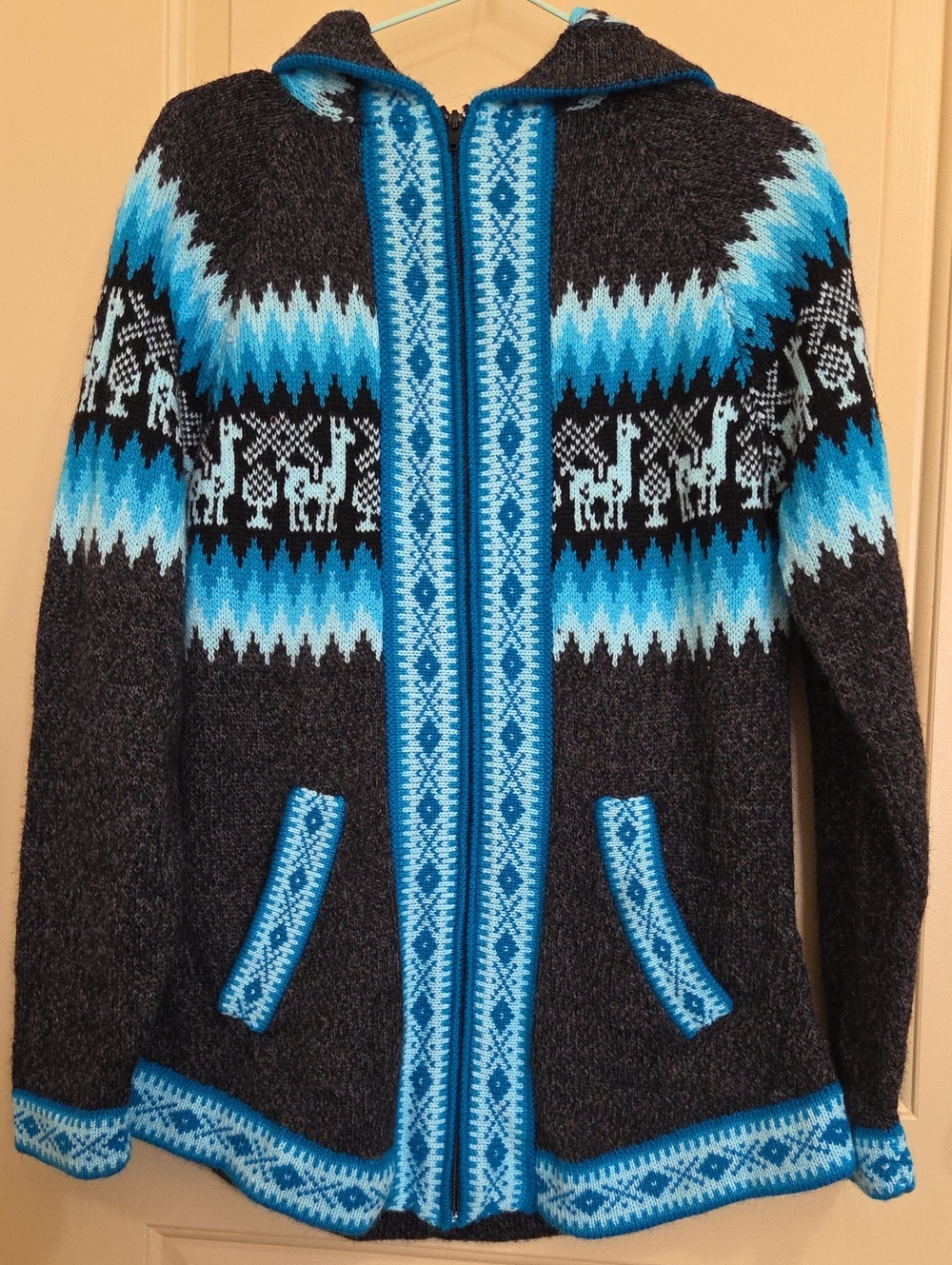 Women Alpaca Blue Patterned Zip-Up Sweater Jacket